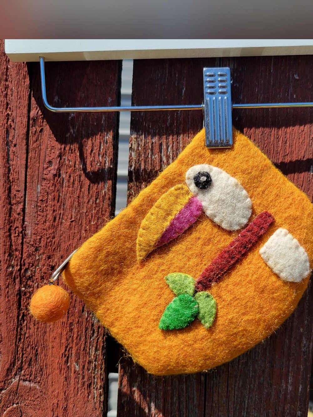 Handmade Orange Felted Bird Coin Purse with Parrot Toucan Design Never Used Boho
